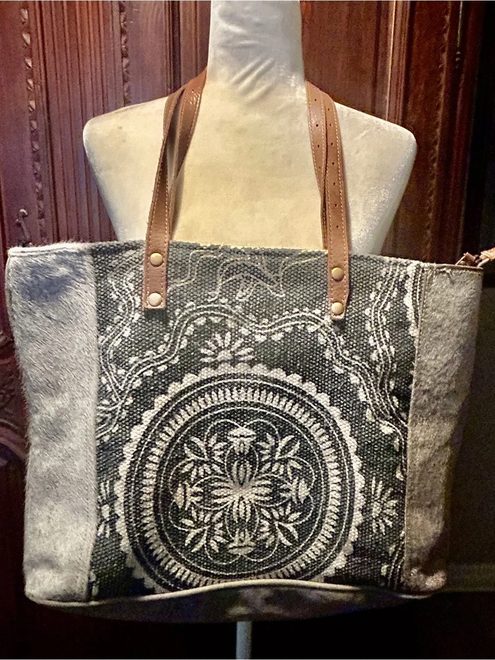 Myra Bag Gray and Brown Patterned Tote with Leather Straps